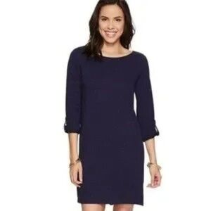 Lilly Pulitzer Surfcrest Shift Dress SMALL Navy Blue Roll Tab Sleeve